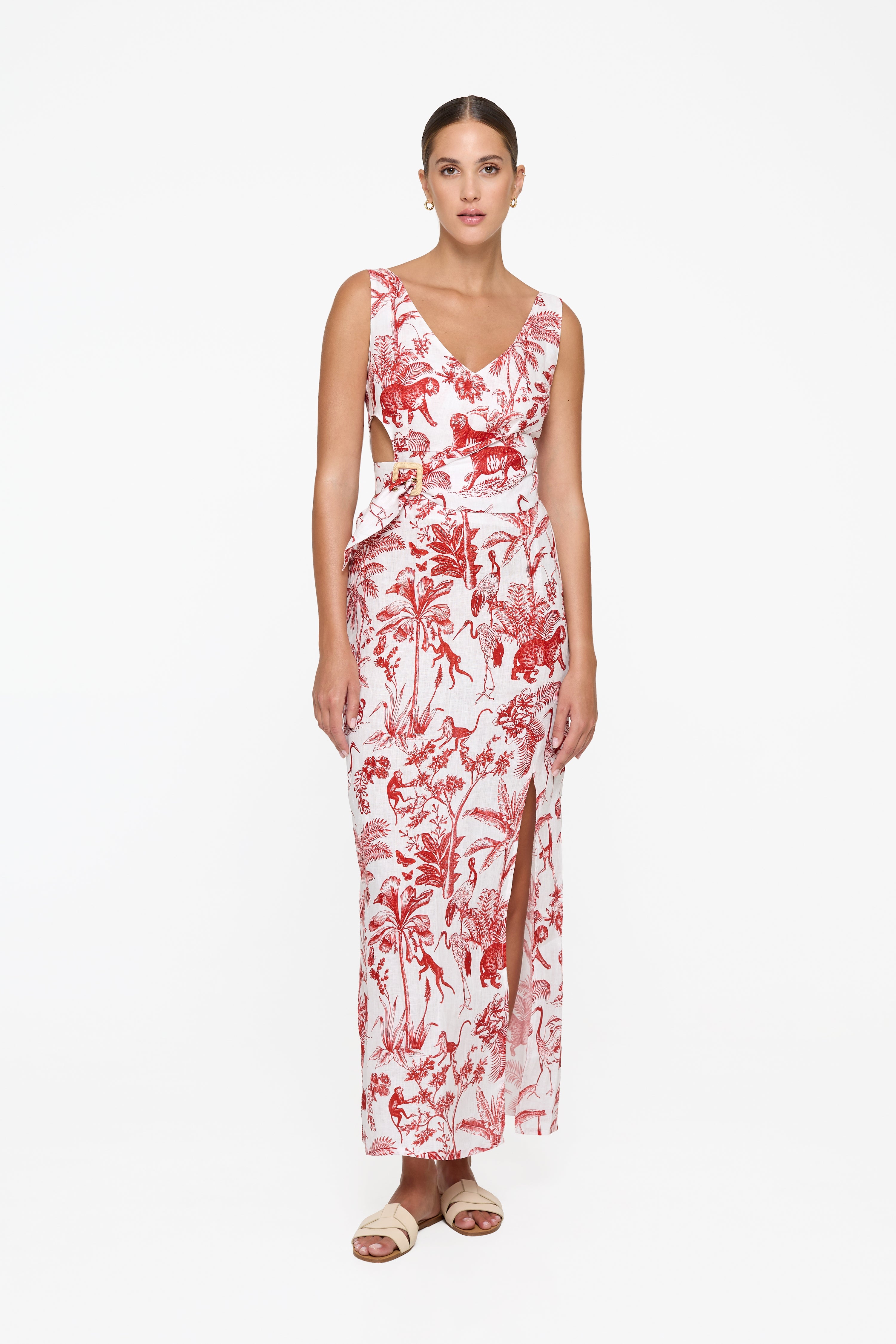 Evie Cutout Maxi Dress - Red Toile Linen