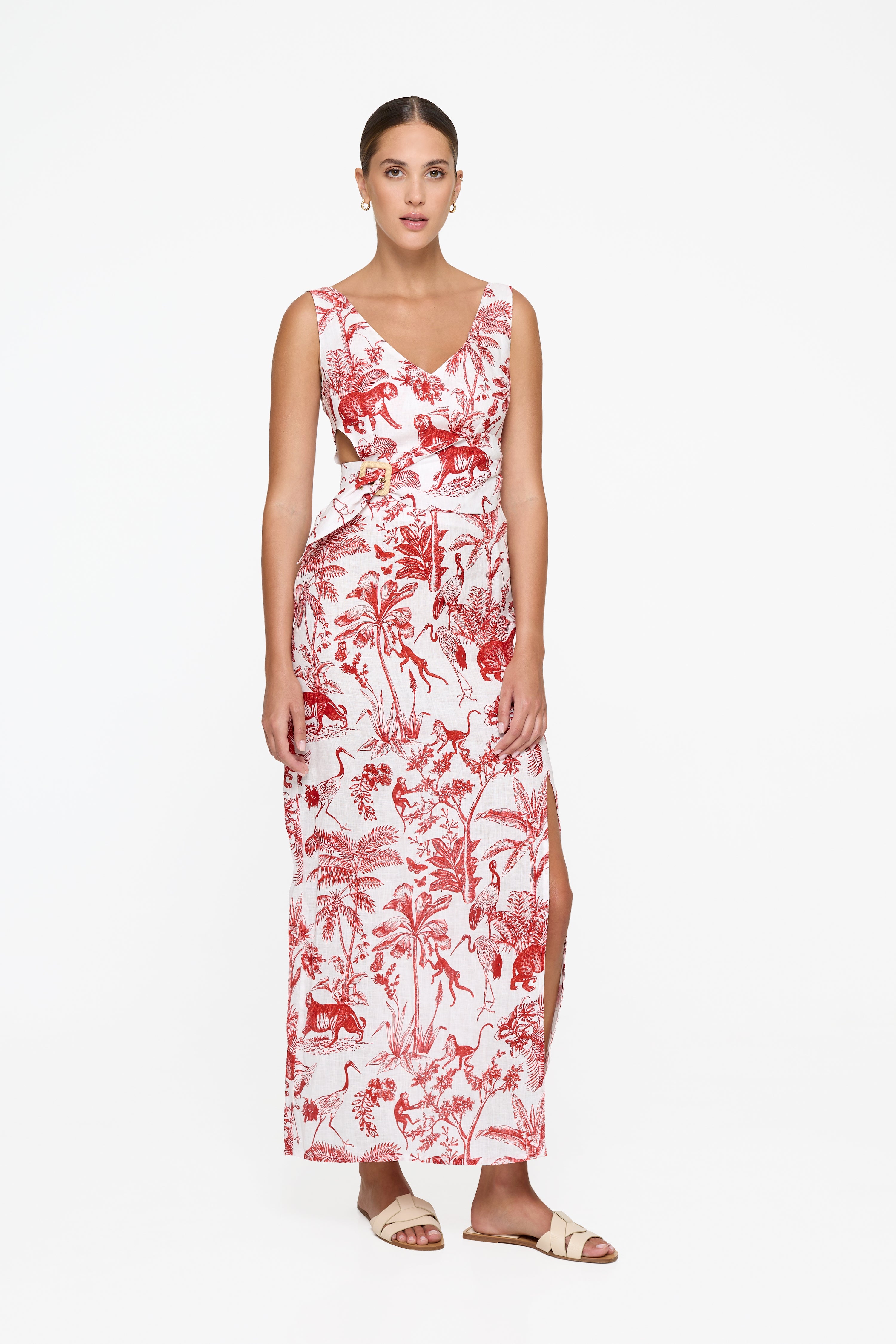 Evie Cutout Maxi Dress - Red Toile Linen